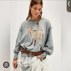 NWT FREE PEOPLE Camden graphic pullover Billy goat blue medium